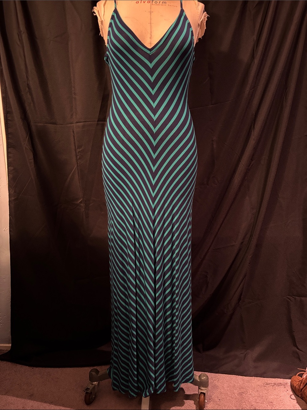 Striped V-Neck Maxi Dress in Teal and Black